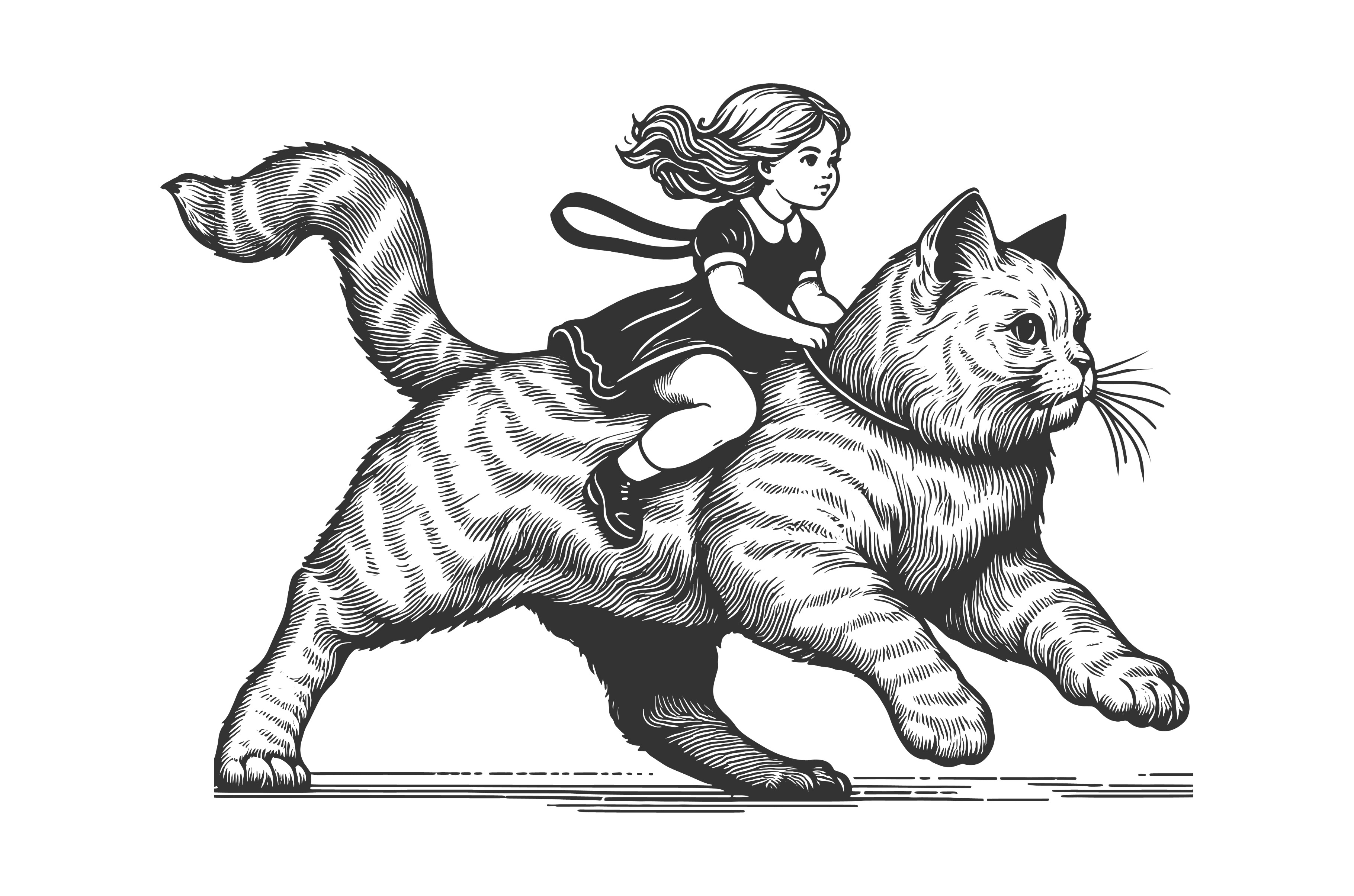 Young Girl Riding a Giant Cat, a Person Illustration by AlexArt