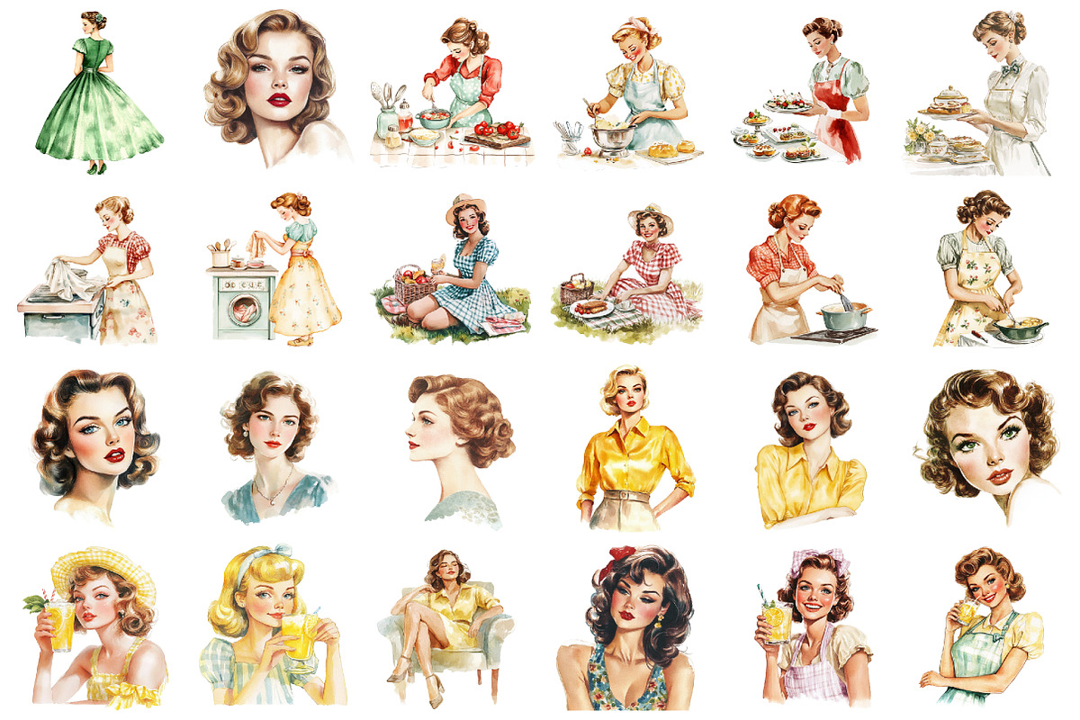 Watercolor Retro Housewife Clipart, a Seasonal Illustration by designcity5 (Photo 2 of 5)