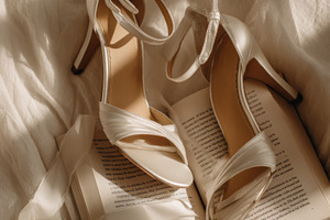 Bride’s shoes with silk ribbon, a Beauty & Fashion Photo by Virgo Studio