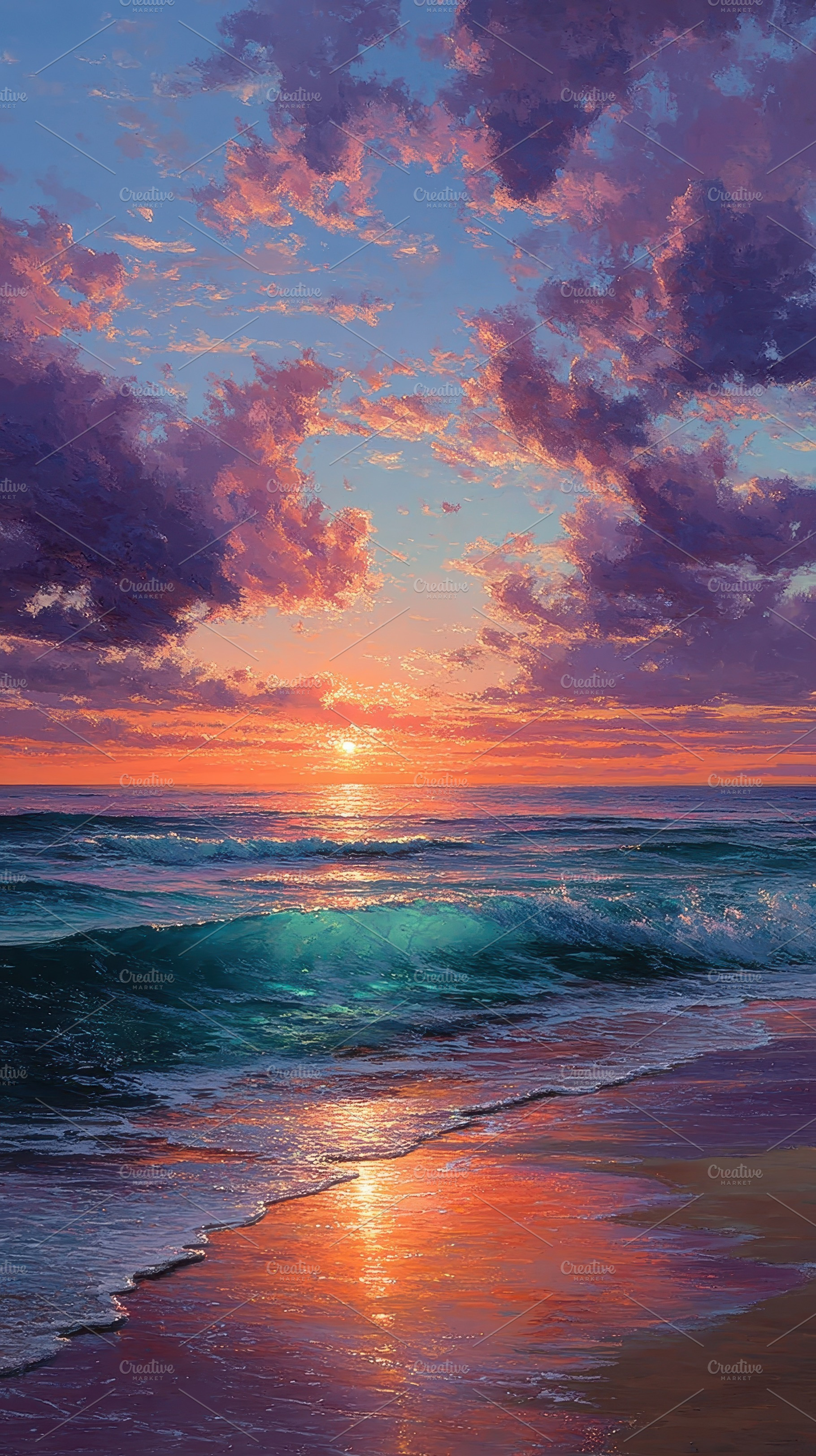 Ocean sunset vibrant colors waves be, a Photo by Pixeness Studio