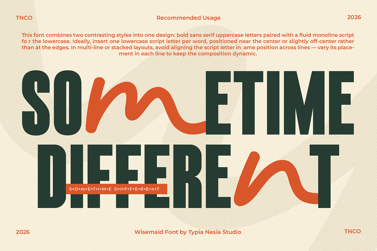 Wisemaid - Experimental Mixup Font, a Sans Serif Font by Typia Nesia (Photo 3 of 11)