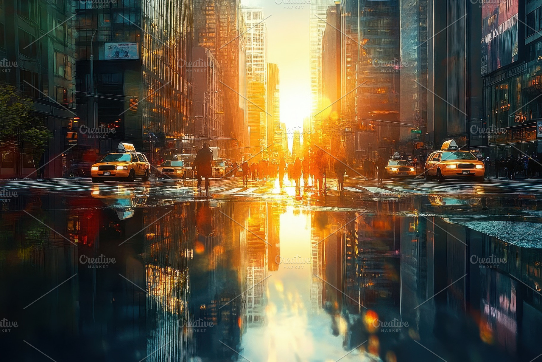 City skyline reflections in puddles, a Photo by Pavel_design