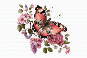 Pink Flower Butterfly Watercolor