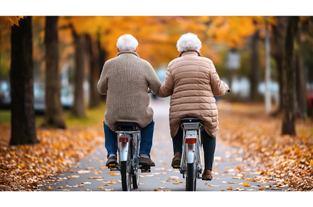 Elderly couple riding bicycles on a, a Sports & Recreation Photo by Sergey Kotenev