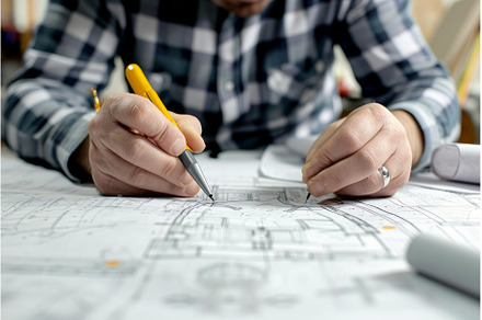 Intricate Architect draw building, an Industrial Photo by Ylivdesign