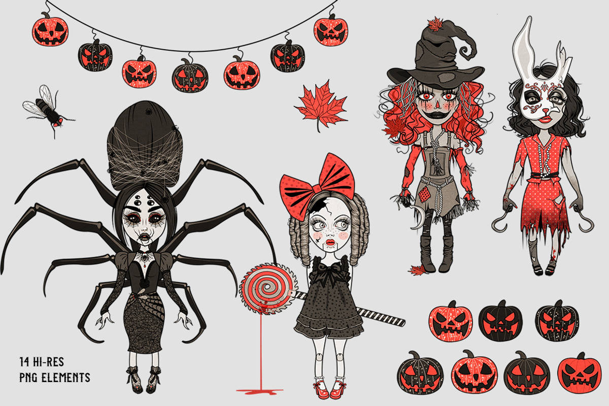 Halloween Scary Girls Characters Set, a Decorative Illustration by Dapper Dudell (Photo 2 of 3)