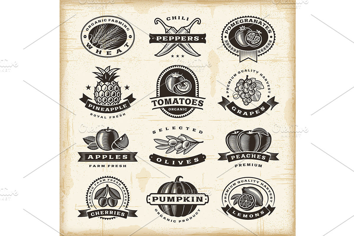 Vintage Fruits And Vegetables Labels, a Food Illustration by Retro Graphics (Photo 2 of 2)