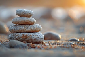 Balanced stacked stones on sandy beach at sunset, zen mindfulnes, a Nature Photo by José Manuel Gelpi
