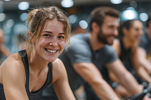 Happy woman cycling fitness class wo, a Photo by Pixeness Studio