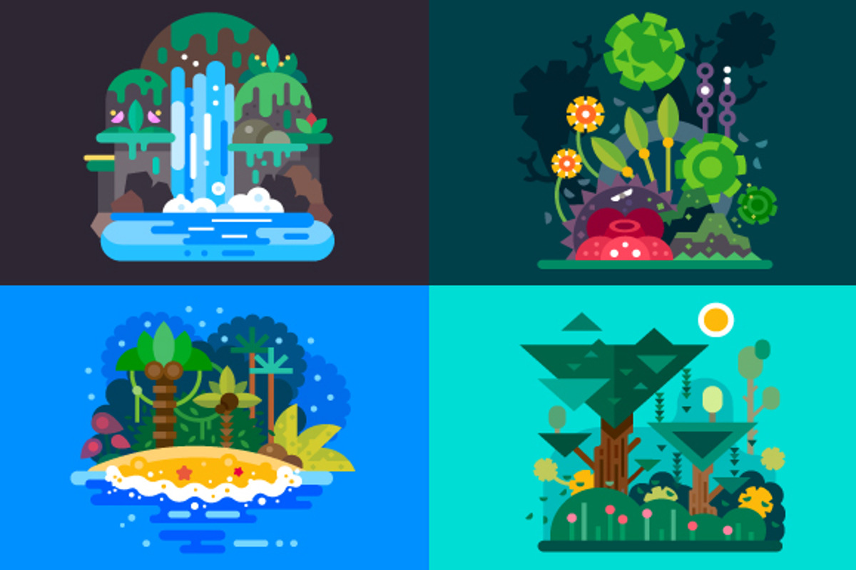 Four Fantastic Jungle Landscapes., an Illustration by TastyVector