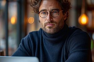A pensive man with curly hair and glasses sits in a cozy café, focused on his, a Person Photo by ImageMir