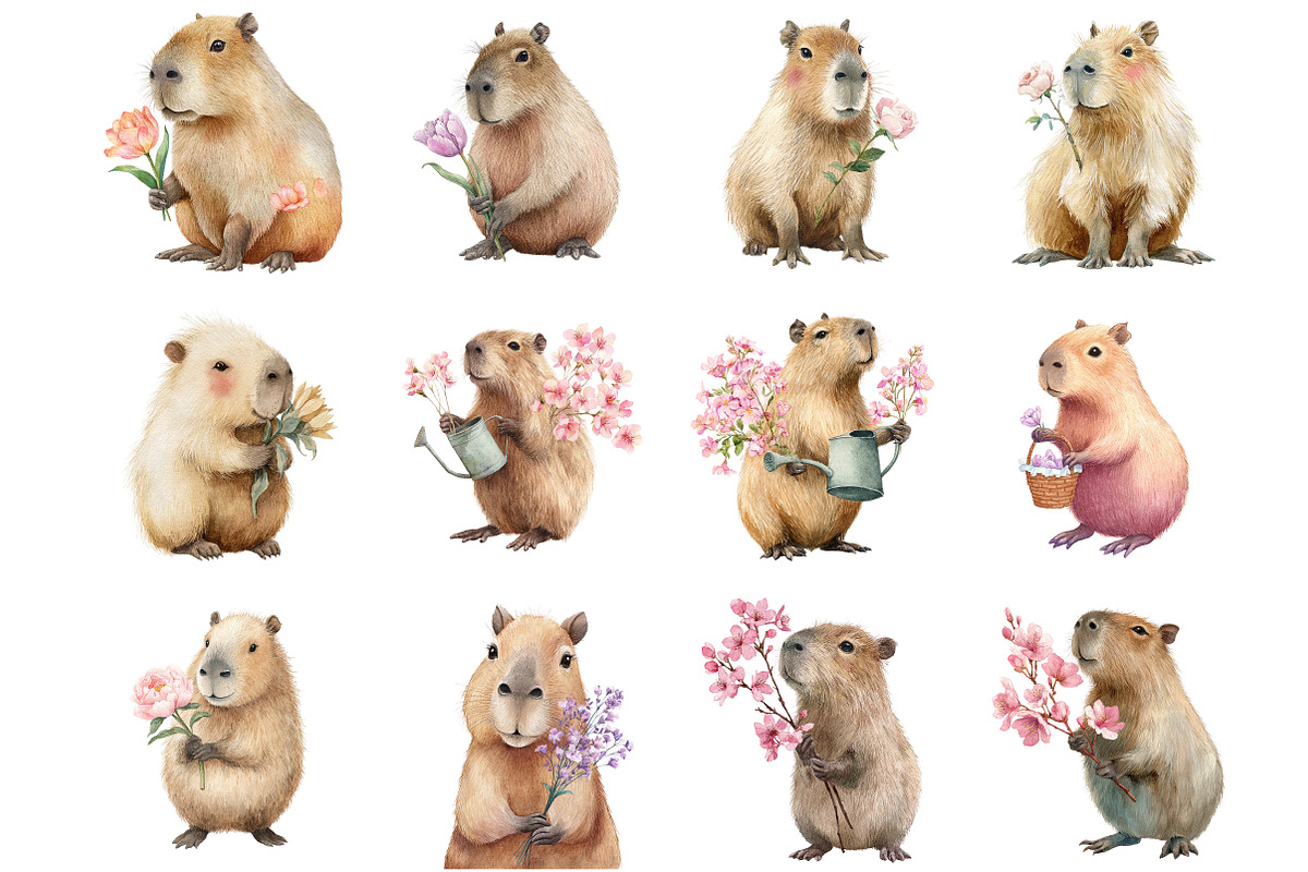 Watercolor Spring Capybara Clipart, an Illustration by DreamArtGraphic (Photo 3 of 4)
