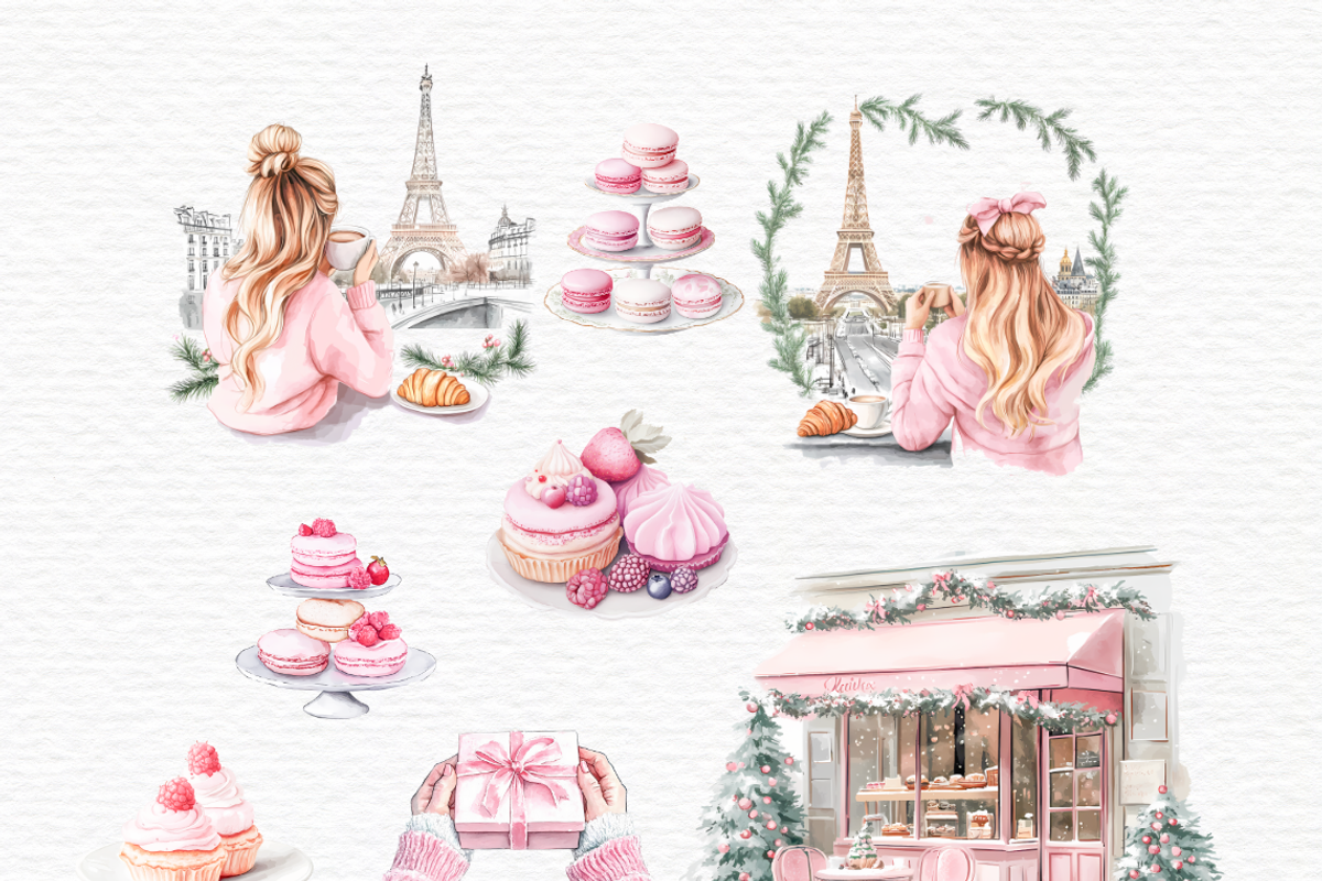 Watercolor pink girl winter Paris, a Person Illustration by Invite to Clipart (Photo 2 of 12)