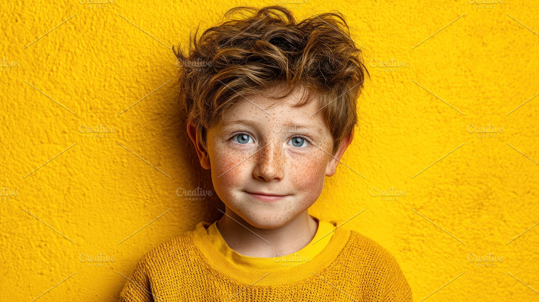 Smiling freckled boy with tousled hair in yellow sweater against, a Person Photo by José Manuel Gelpi