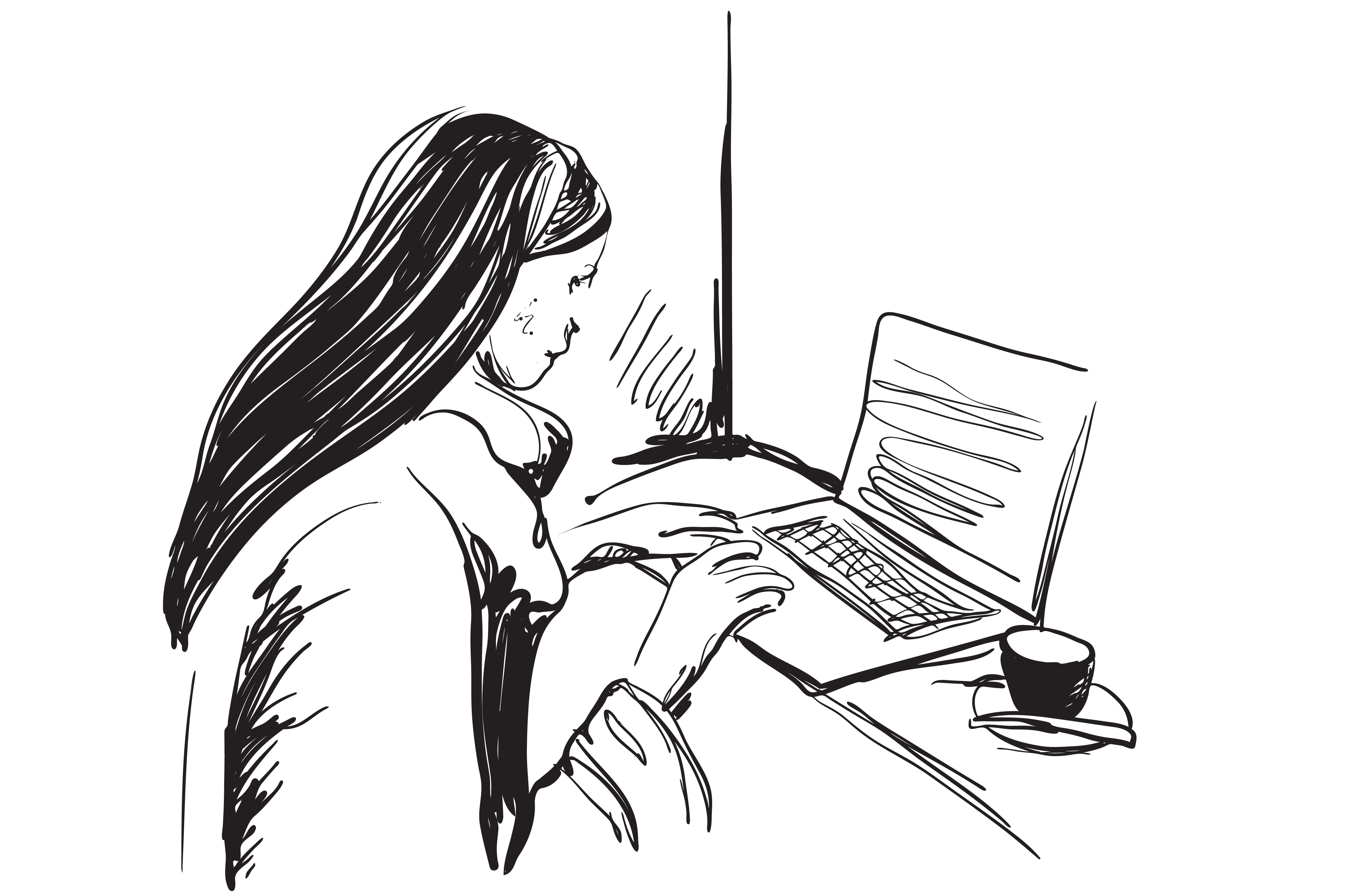 Girl with computer illustration, a Technology Illustration by Sketching
