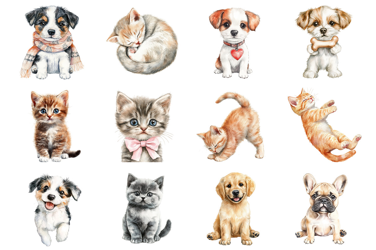 Watercolor Cute Cats & Dogs, an Illustration by Design Market (Photo 3 of 3)