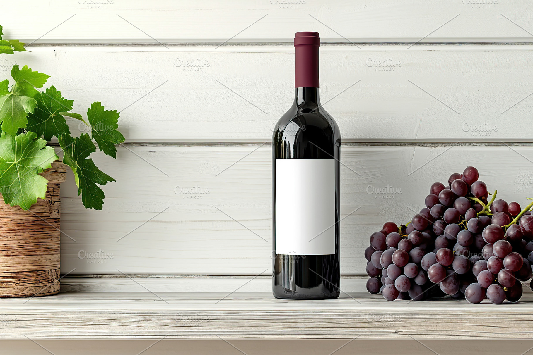 Red wine bottle with grapes and greenery on wooden shelf, a Food & Drink Photo by AlyaAnd