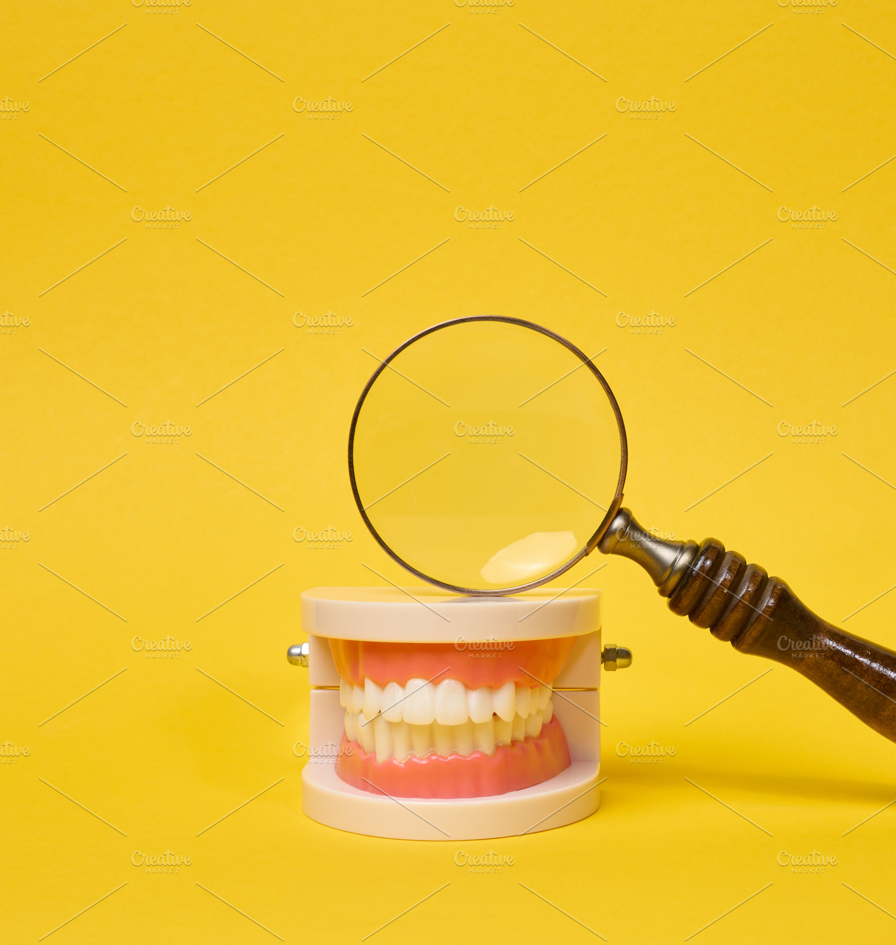 A magnifying glass over a dental jaw model against a yellow back, a Health & Medical Photo by ndanko