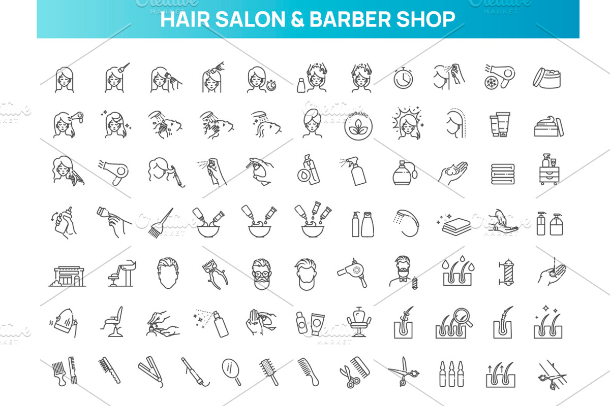Hair Salon and Barber Shop Icons, an Outline Icon by Tettygreen (Photo 1 of 2)