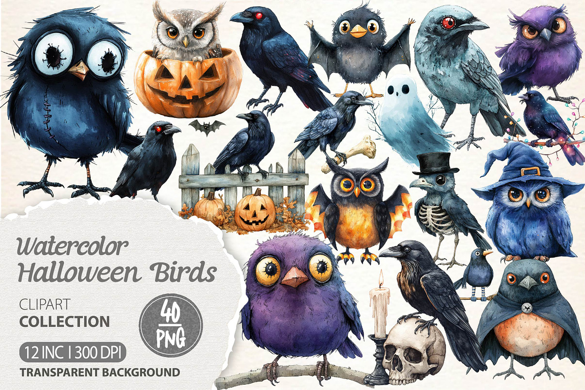 Watercolor Halloween Birds Clipart, an Illustration by Dream Creation (Photo 1 of 5)
