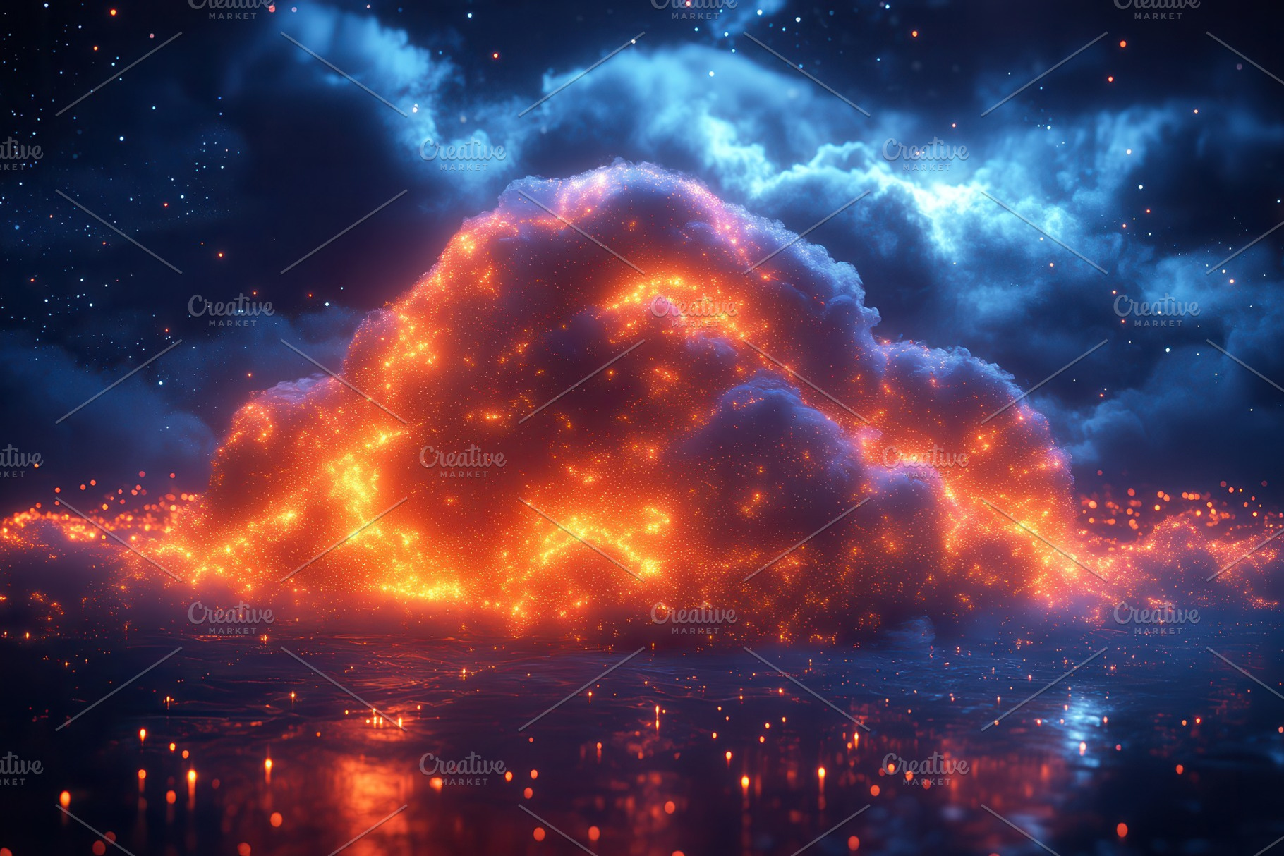 Bright lava cloud illuminated agains, a Photo by Tanuart