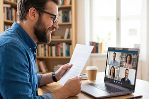 Remote meeting cozy office, a Business Photo by Shootdiem