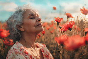 senior latina woman in poppy field, generative AI, a Photo by Nito