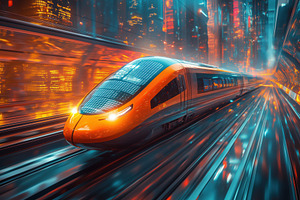Futuristic high-speed train traveling through a neon-lit cityscape at night., a Transportation Photo by Textures & Backgrounds