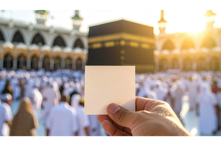 Pilgrim at Kaaba in Mecca holding