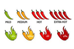 Spicy level labels with hot peppers, a Food Illustration by Vector Tradition