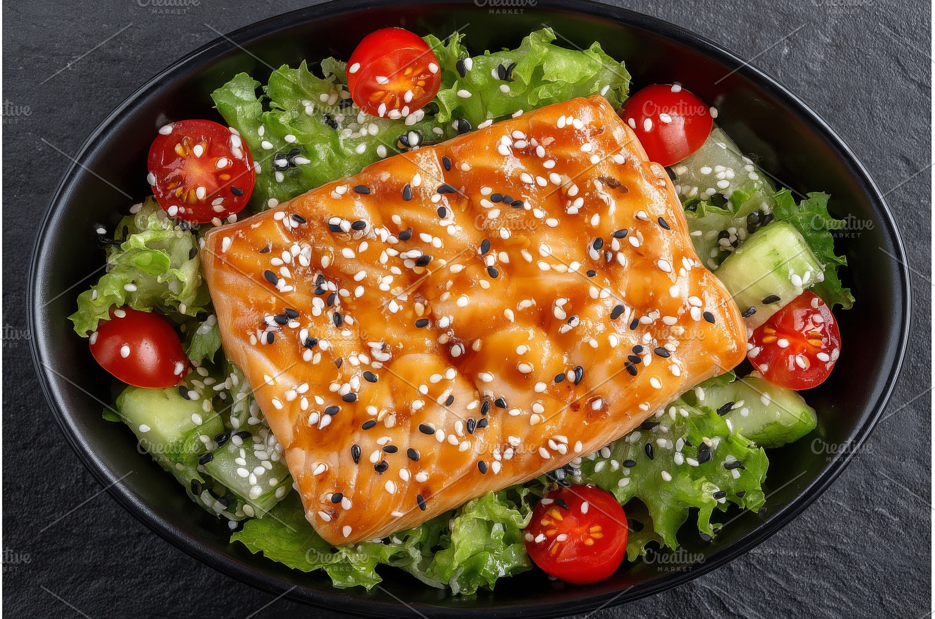 A flat lay of salad with salmon and, a Food & Drink Photo by ZinetroN