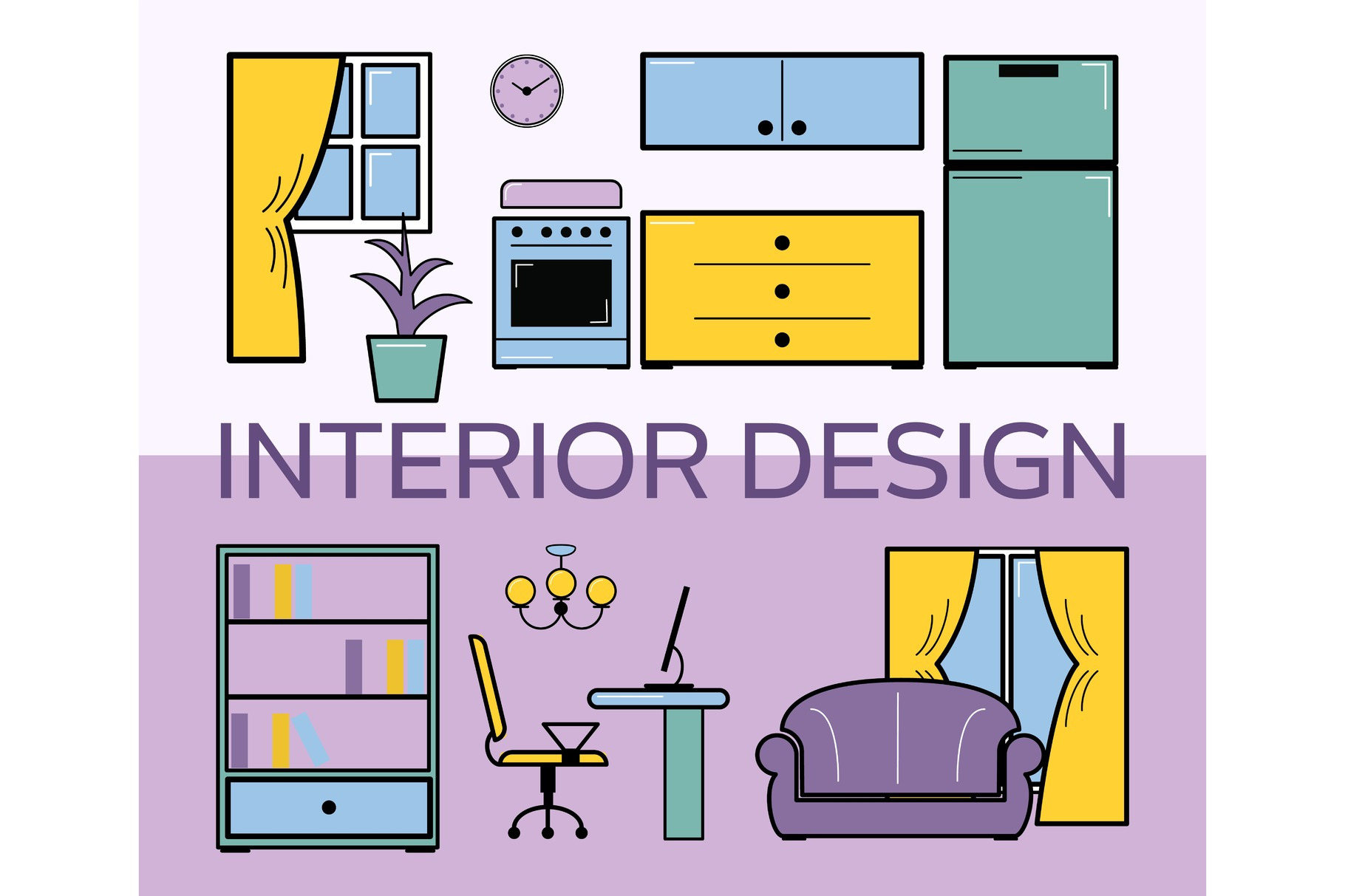 Interior design room flat style set, an Object Graphic by KitVector ...