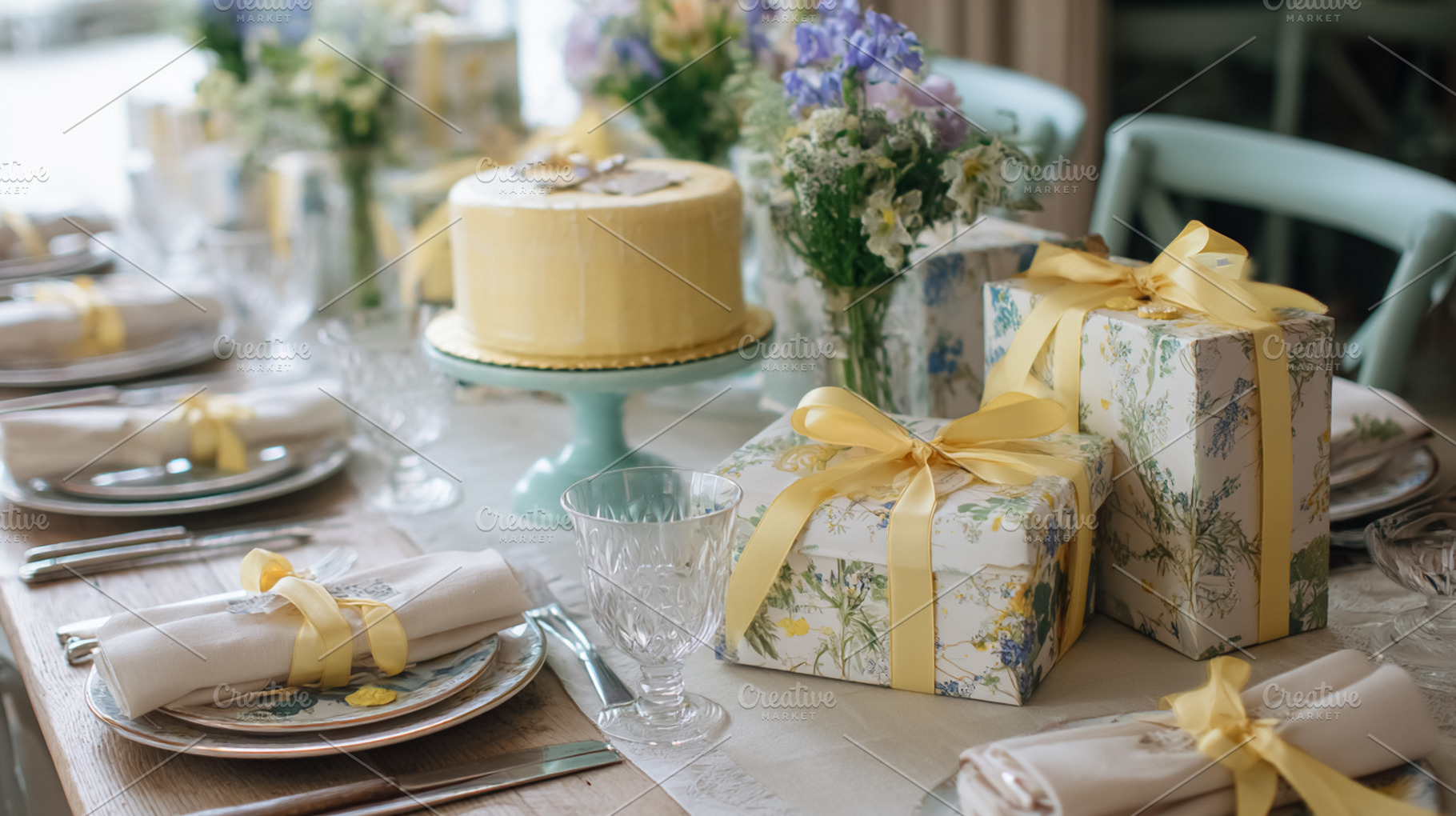 Dining table set for a special celebration, featuring a yellow c, a Photo by Studio ANNA