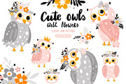 Cute owls with flowers., an Animal Illustration by rosypatterns (Thumbnail 1 of 5)