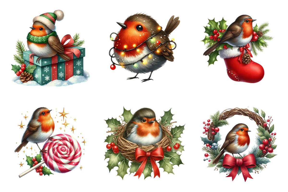 Watercolor Christmas Robin Clipart, an Illustration by SinaCreation (Photo 5 of 7)
