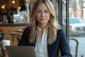 A confident Caucasian woman with long blonde hair sits in a cafe, working on a, a Person Photo by ImageMir