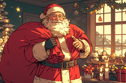 Jolly Santa Claus Carrying a Sack of Gifts in a Cozy Christmas Scene, a Photo by AS photostudio