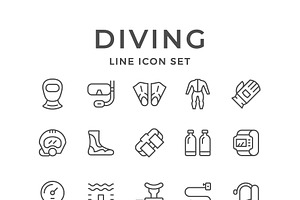 Set line icons of diving, an Outline Icon by motorama