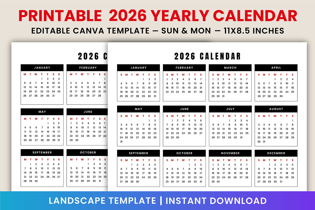 2026 Yearly landscape Calendar Canva, a Stationery Template by Mustafiz (Photo 1 of 4)