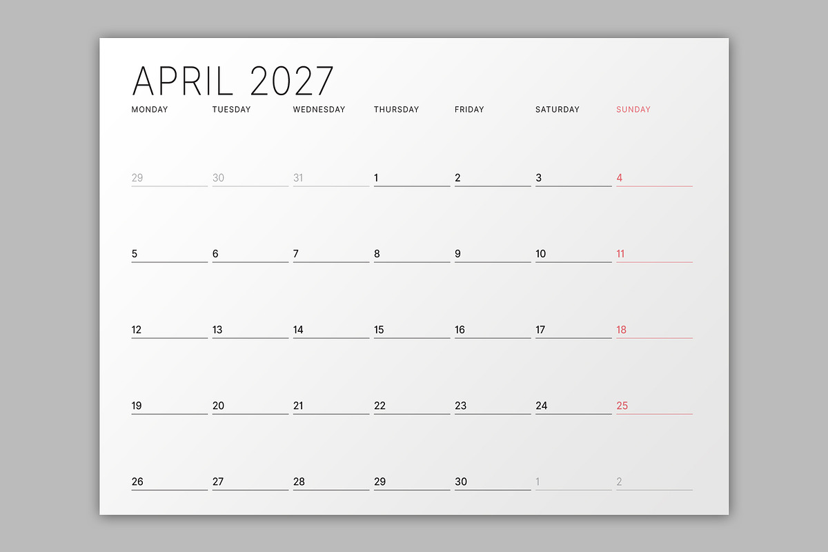 Minimalist Calendar 2027 (MP048-27M), a Stationery Template by mikhailmorosin (Photo 3 of 6)