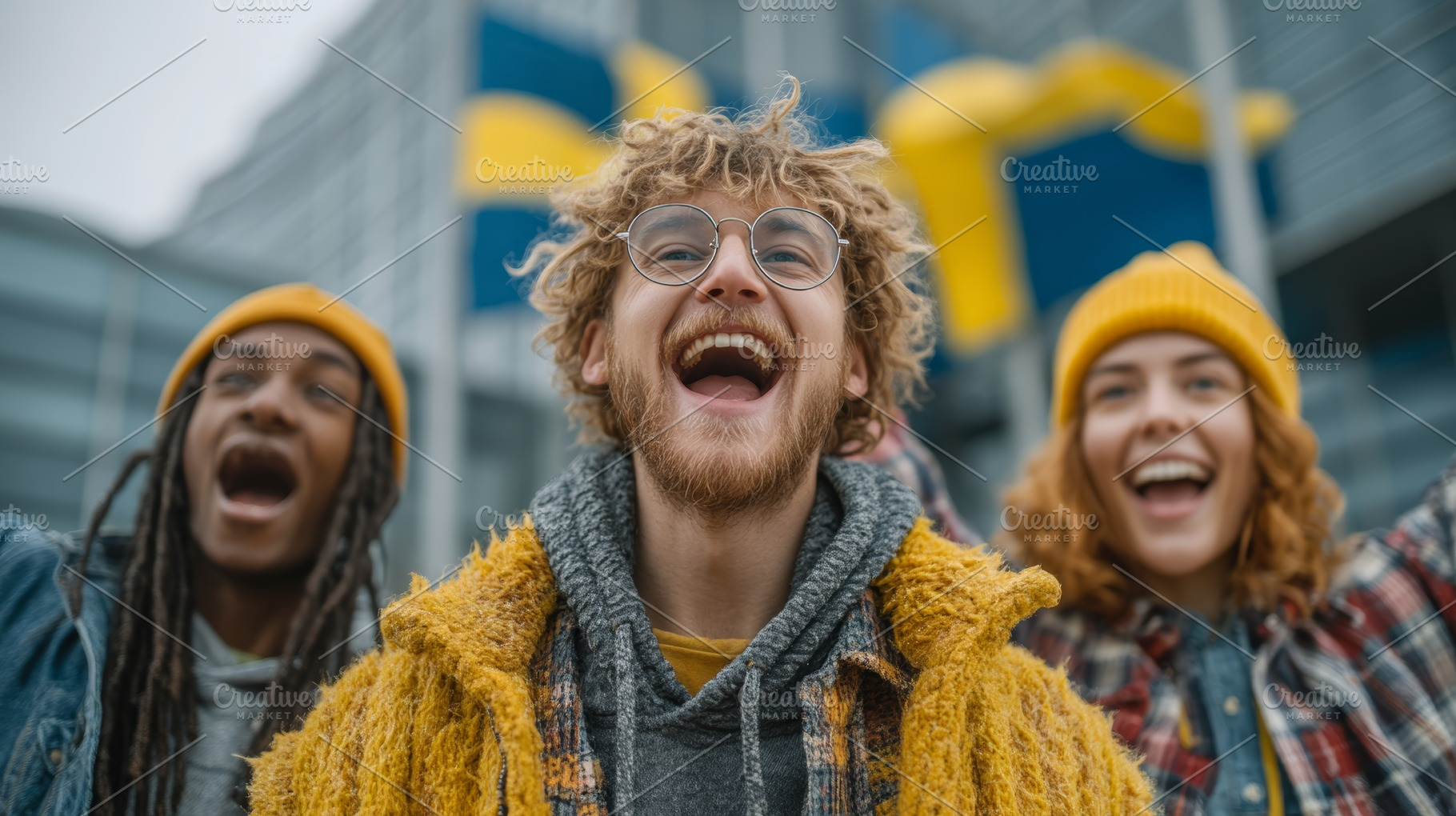 Excited group of young swedish friends celebrating success outdoors with joy an, a Photo by AS photostudio