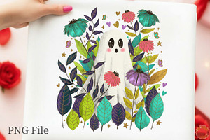 Halloween Fall Floral Boho Ghost Png, an Illustration by designcity5