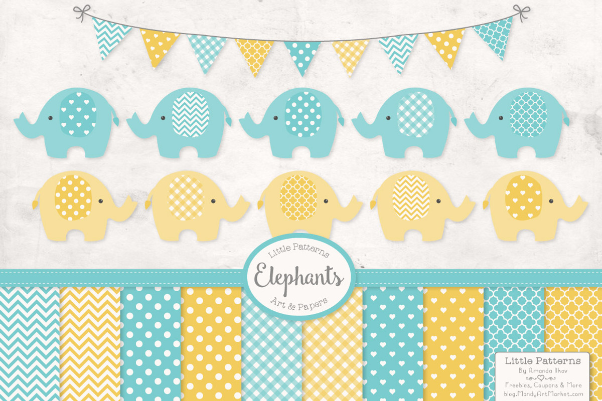 Aqua & Yellow Elephants & Patterns, an Illustration by Amanda Ilkov (Photo 1 of 3)