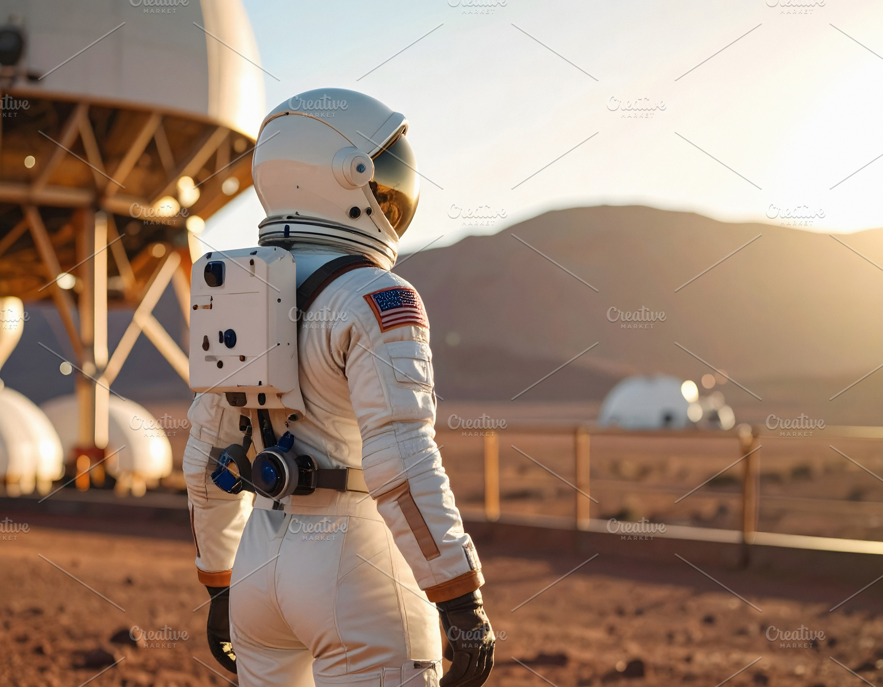 Astronaut watching Mars base structures at morning sunrise, a Technology Photo by GoodGoods