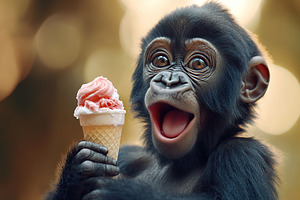 Funny gorilla baby eating ice cream on blurred background, an Animal Photo by AlyaAnd