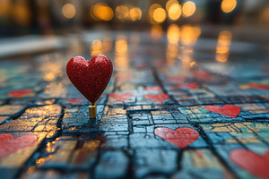 Glittering red heart on colorful mos, a Photo by Tanuart