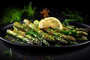 Baked asparagus with spices and lemon slices on dark background, a Food & Drink Photo by AlyaAnd