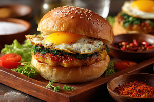 Delicious burger with egg and greens, a Photo by Beautiful things