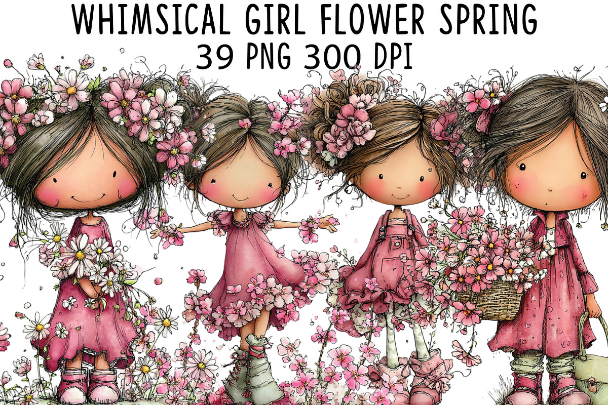 Whimsical Girl Flower Spring Clipart, an Illustration by CraftArtStudio (Photo 1 of 6)