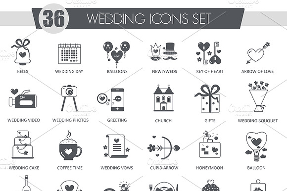 36 Wedding Black Icons Set.